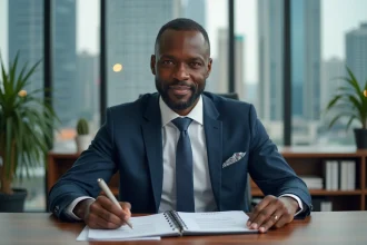 Homme d'affaires africain en costume dans un bureau moderne