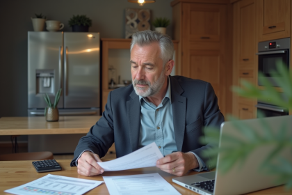 Homme d'affaires en intérieur examinant des documents de crédit