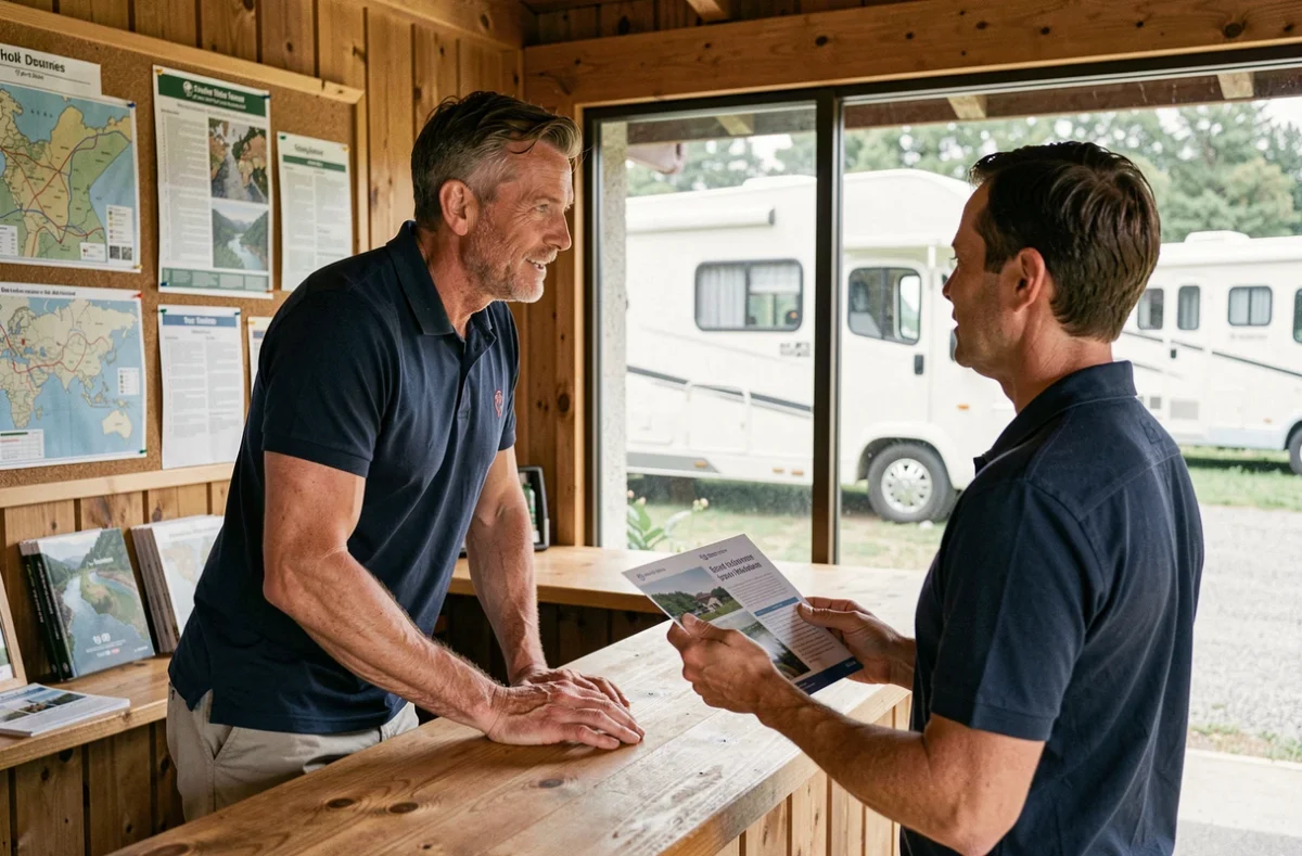 Homme discutant d'une offre d'assurance camping-car économique avec un agent à l'accueil d'un camping