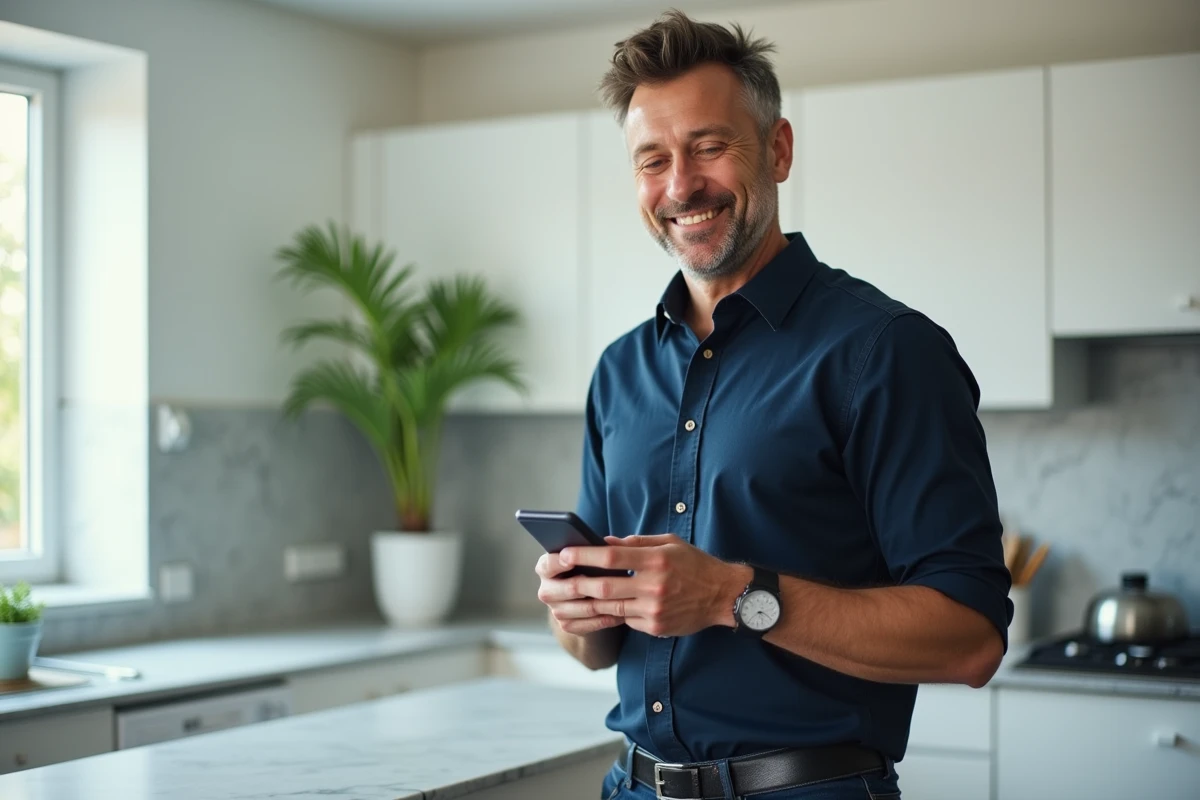 Homme consultant son compte Crédit Agricole Centre Loire sur smartphone dans une cuisine moderne