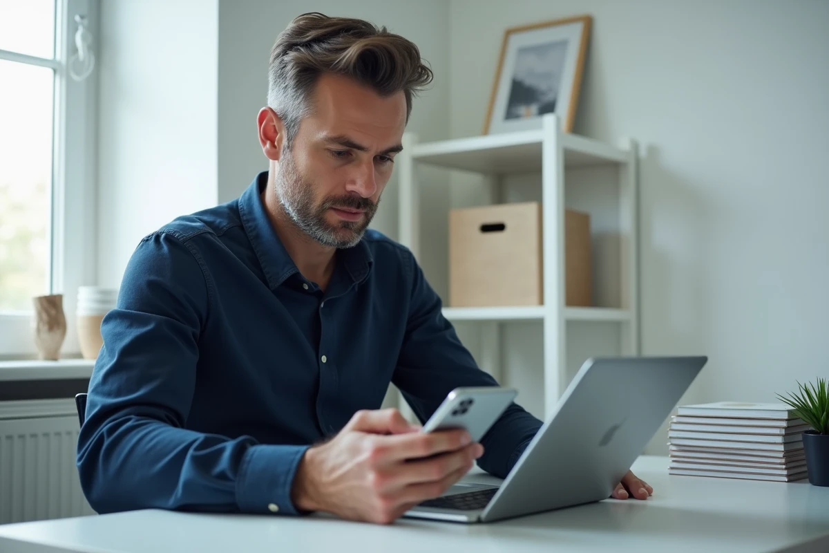 Homme consultant son application bancaire Cyberplus sur smartphone et tablette depuis un bureau à domicile, gestion quotidienne des comptes Banque Populaire