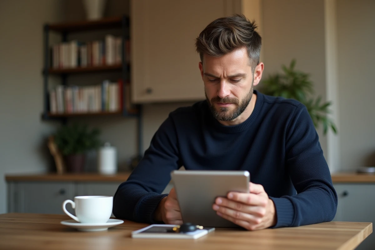 Homme utilisant l'application mobile bancaire pour modifier le plafond de virement instantané depuis chez lui