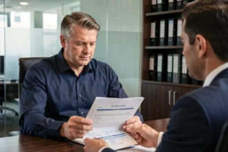 Un homme en chemise marine examine un contrat d'assurance emprunteur avec un conseiller bancaire dans un bureau moderne