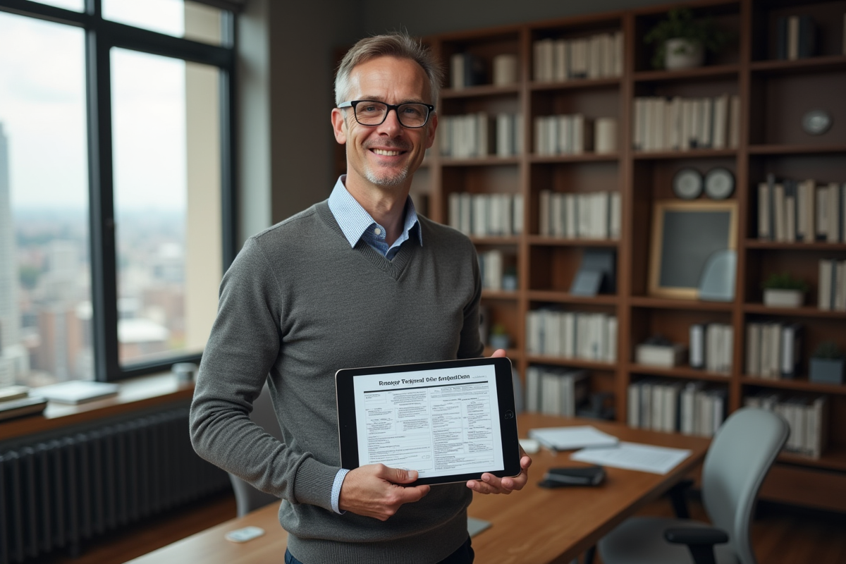 Homme d age tenant un formulaire immobilier dans son bureau