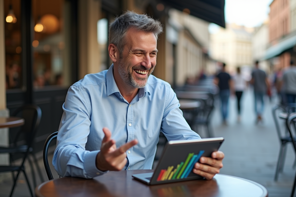 Homme riant avec tablette sur une table de café en ville