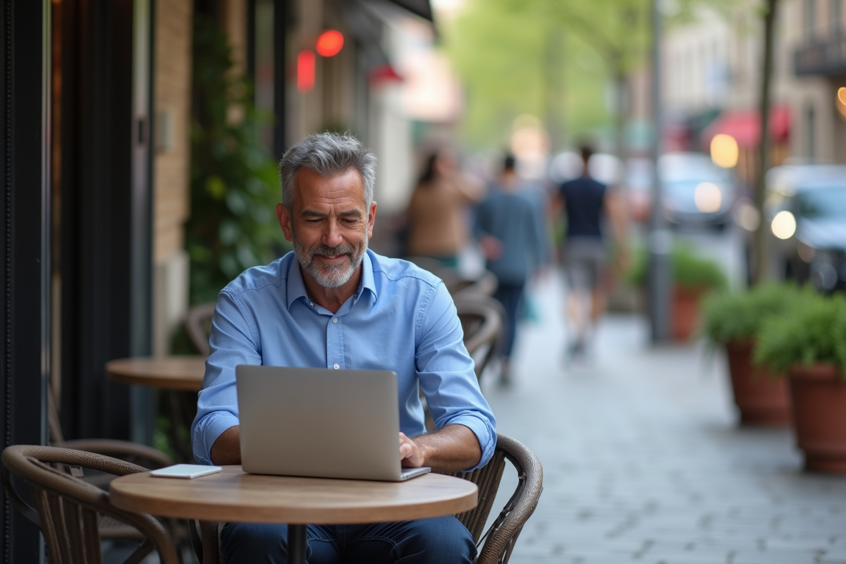 Homme au café en ville utilisant son ordinateur portable
