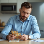 Homme comptant des billets d'euros sur une table moderne