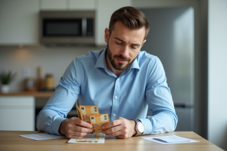 Homme comptant des billets d'euros sur une table moderne