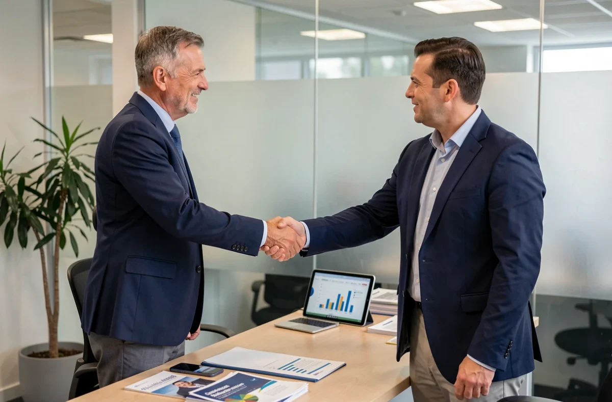 Homme signant un contrat d'assurance responsabilité civile avec un conseiller en agence
