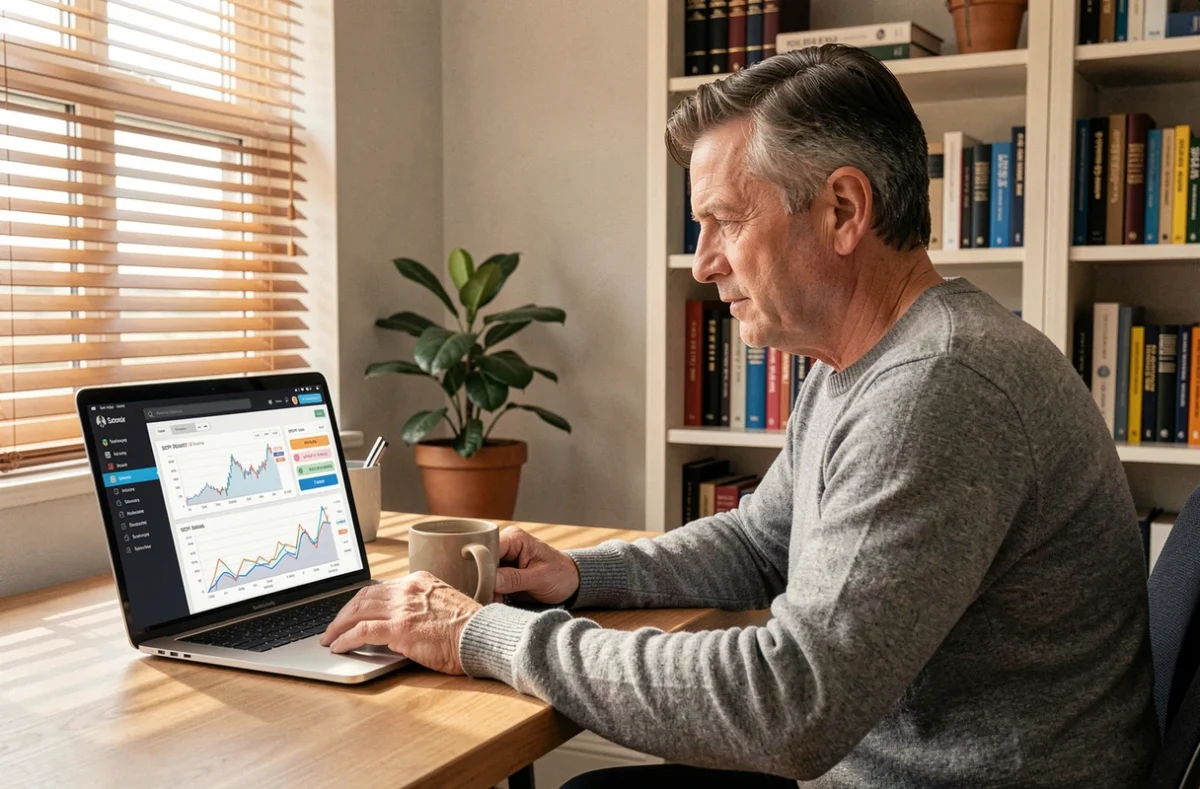 Homme consultant un portefeuille SCPI sur ordinateur portable depuis son bureau à domicile pour investir en pierre papier