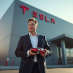 Homme d'affaires confiant devant une usine Tesla moderne