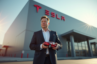 Homme d'affaires confiant devant une usine Tesla moderne