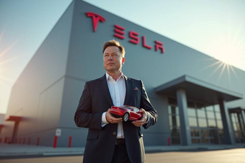 Homme d'affaires confiant devant une usine Tesla moderne