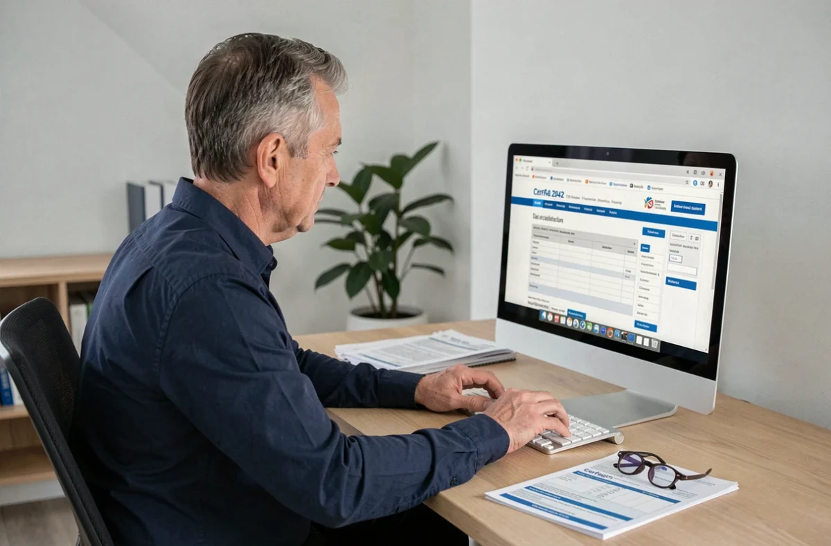 Homme effectuant sa déclaration d'impôts en ligne sur ordinateur avec le formulaire 2042 RICI imprimé à côté