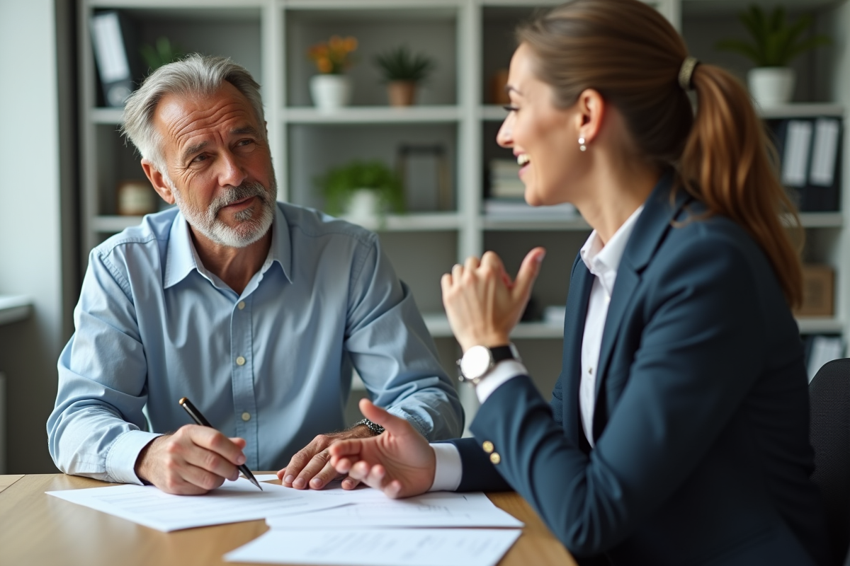 Homme discutant avec un conseiller dans un bureau moderne