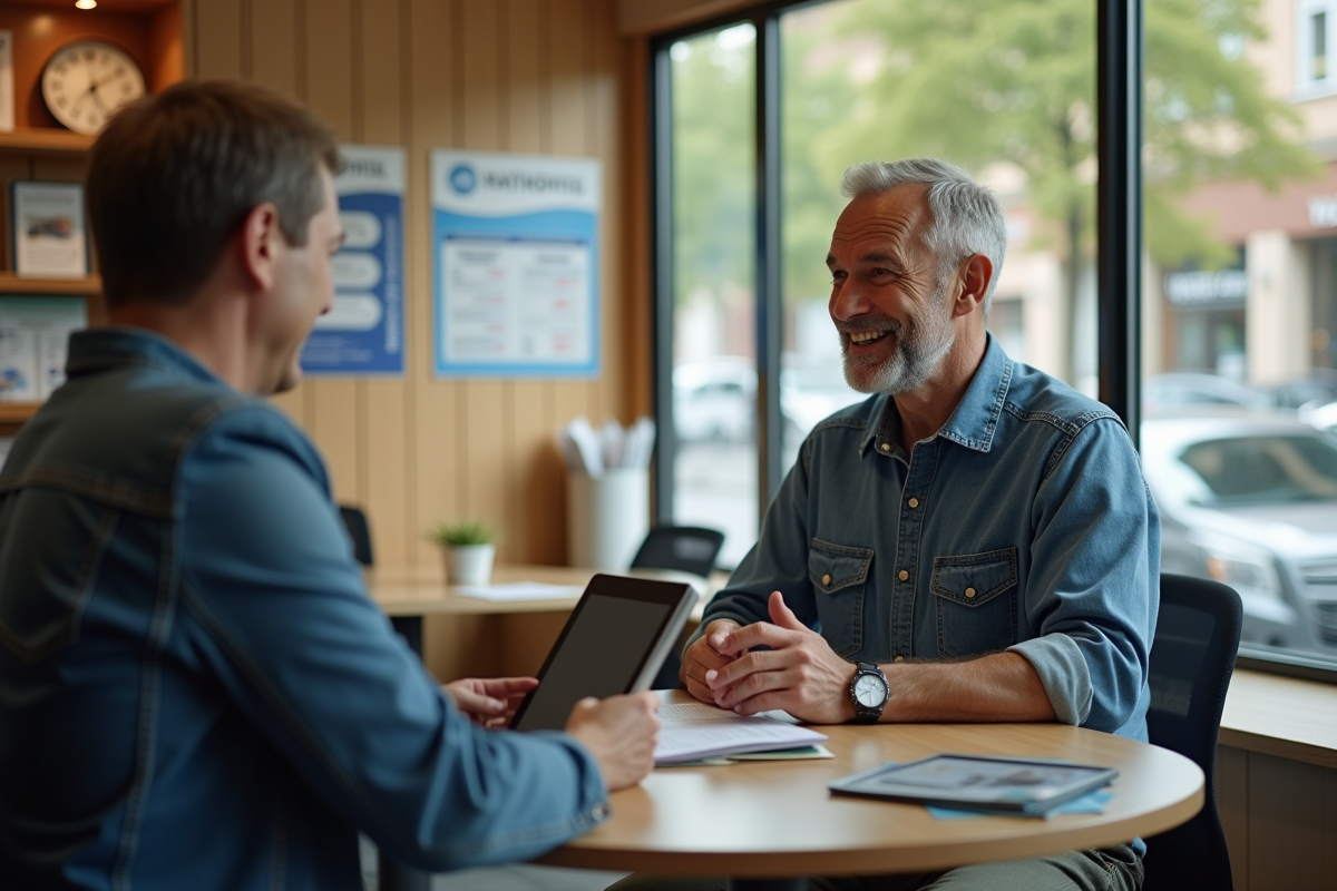Homme souriant discutant de finances avec un conseiller bancaire