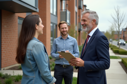 Homme d'affaires souriant devant immeuble neuf