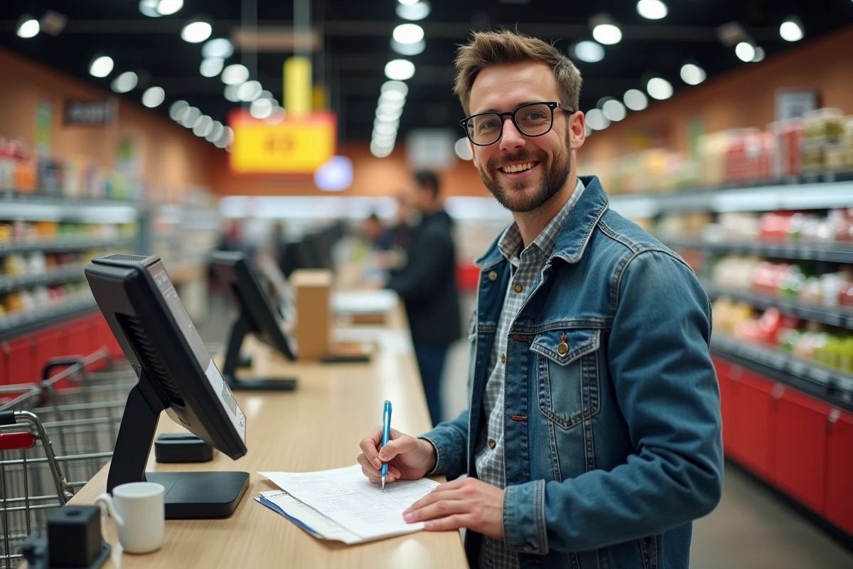 Homme en veste en jean remplit un formulaire au supermarche