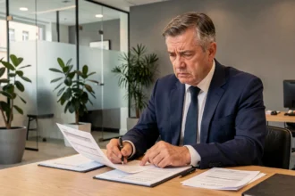 Homme inquiet consultant son contrat d'assurance vie Banque Postale dans une agence bancaire moderne