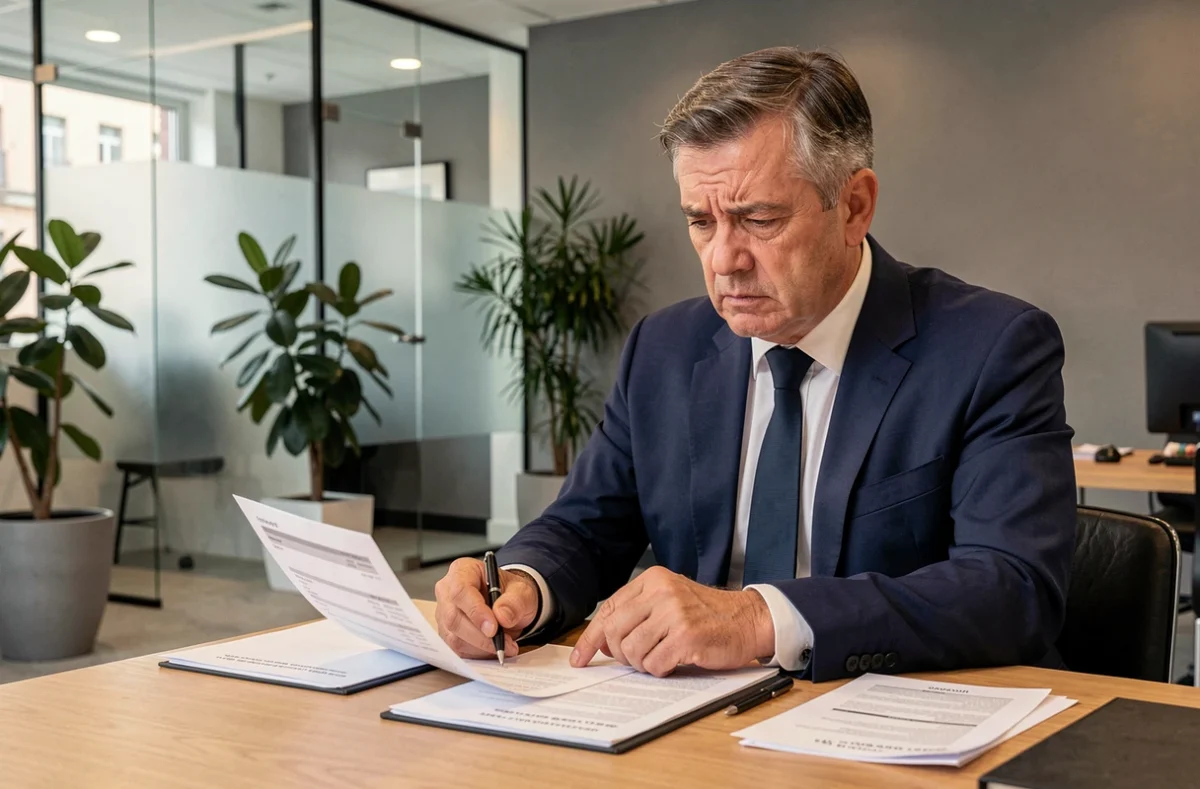 Homme inquiet consultant son contrat d'assurance vie Banque Postale dans une agence bancaire moderne