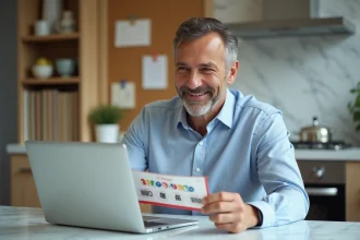 Homme d'âge moyen avec ticket EuroMillions dans une cuisine moderne