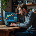 Homme d'âge moyen surveillant des graphiques Bitcoin sur son ordinateur