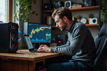 Homme d'âge moyen surveillant des graphiques Bitcoin sur son ordinateur