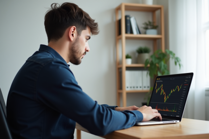 Jeune homme regardant un écran de crypto sur son ordinateur