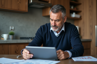 Homme d'âge moyen regardant un graphique sur tablette en cuisine