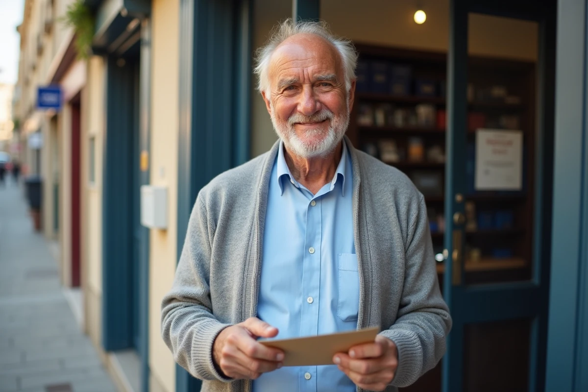 Homme âgé ouvrant une enveloppe devant un bureau de poste