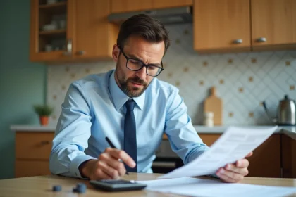 Homme d'âge moyen examine sa fiche de paie dans une cuisine moderne