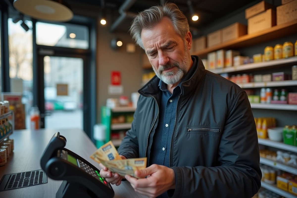 Homme payant avec billets dans une épicerie urbaine