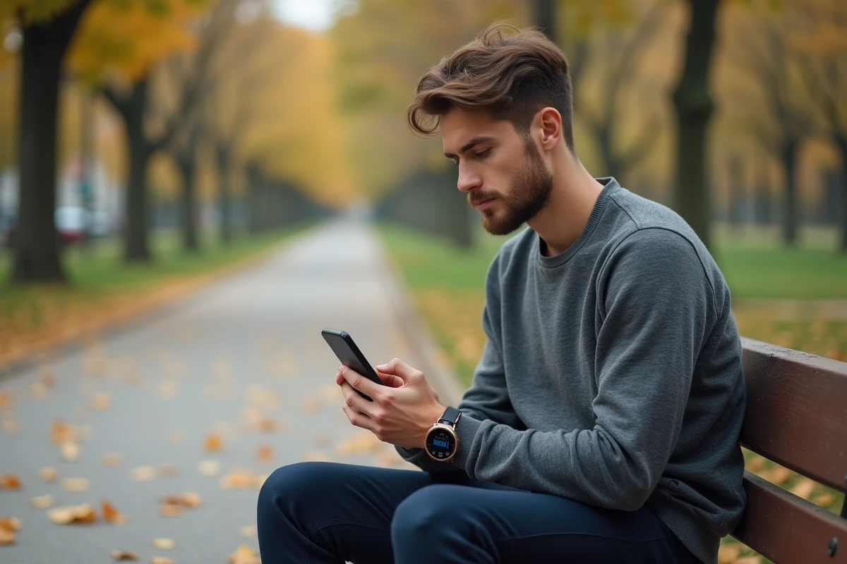 Homme assis dans un parc consultant ses gains sur une application de marche rémunérée