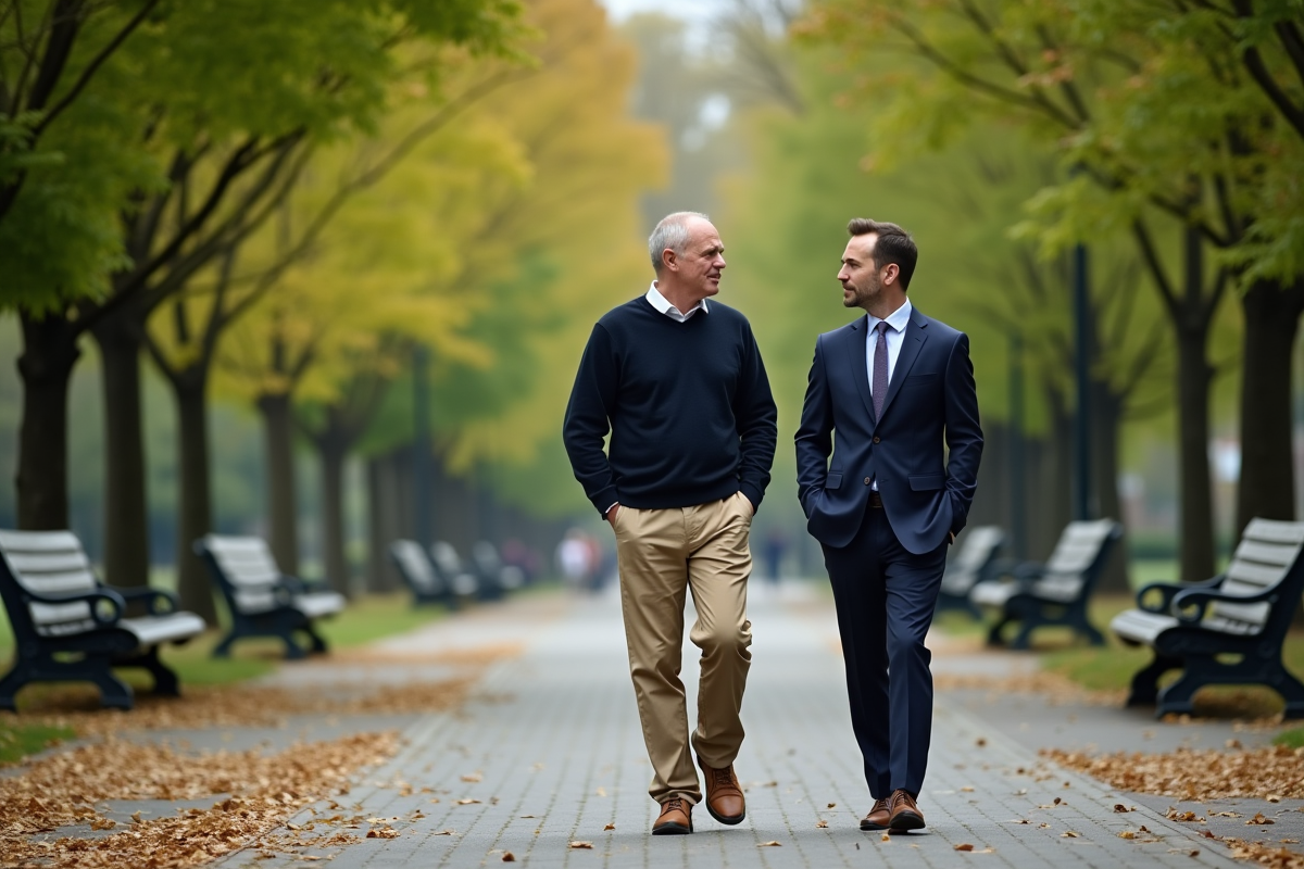Homme discutant avec conseiller dans un parc public