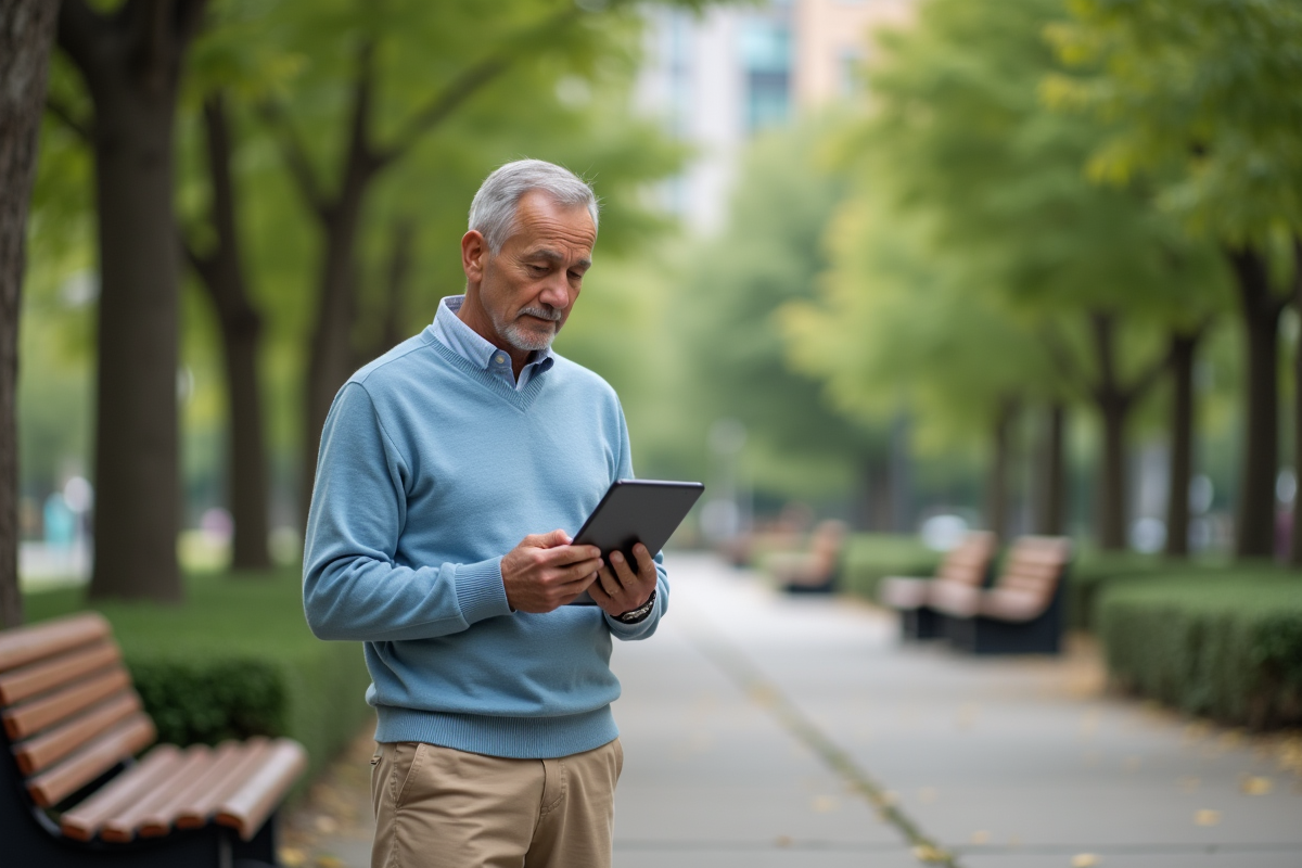 Homme senior utilisant une tablette dans un parc urbain