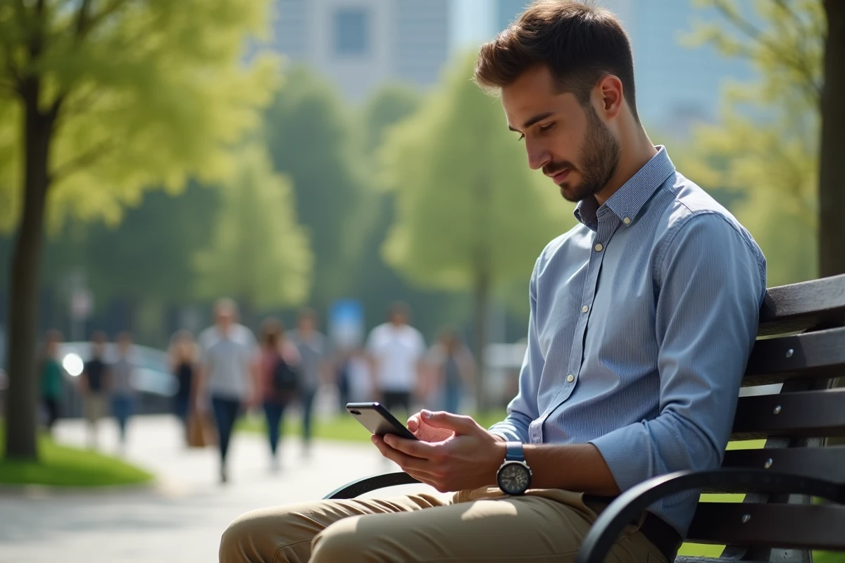 Homme utilisant son smartphone dans un parc en ville