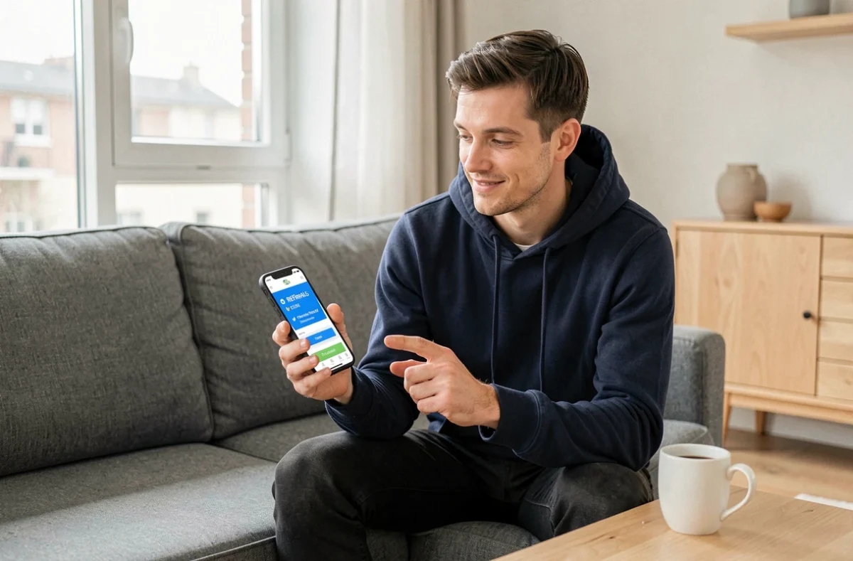 Homme consultant son smartphone pour suivre un programme de parrainage et de récompenses en ligne