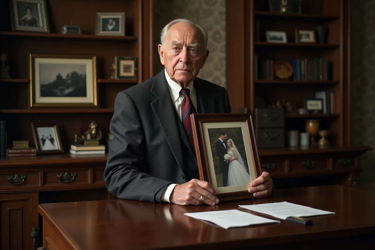 Homme âgé tenant une photo de mariage dans un bureau élégant
