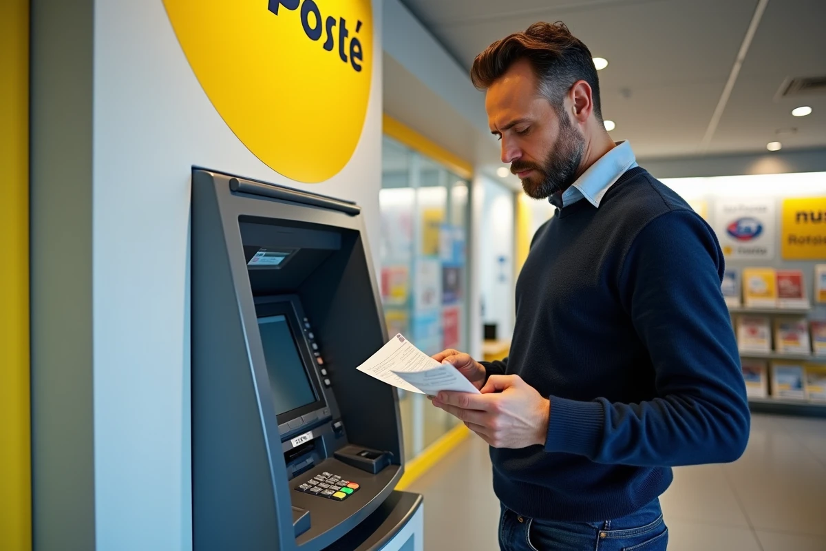 Homme consultant un reçu de retrait devant un distributeur automatique dans une agence La Poste
