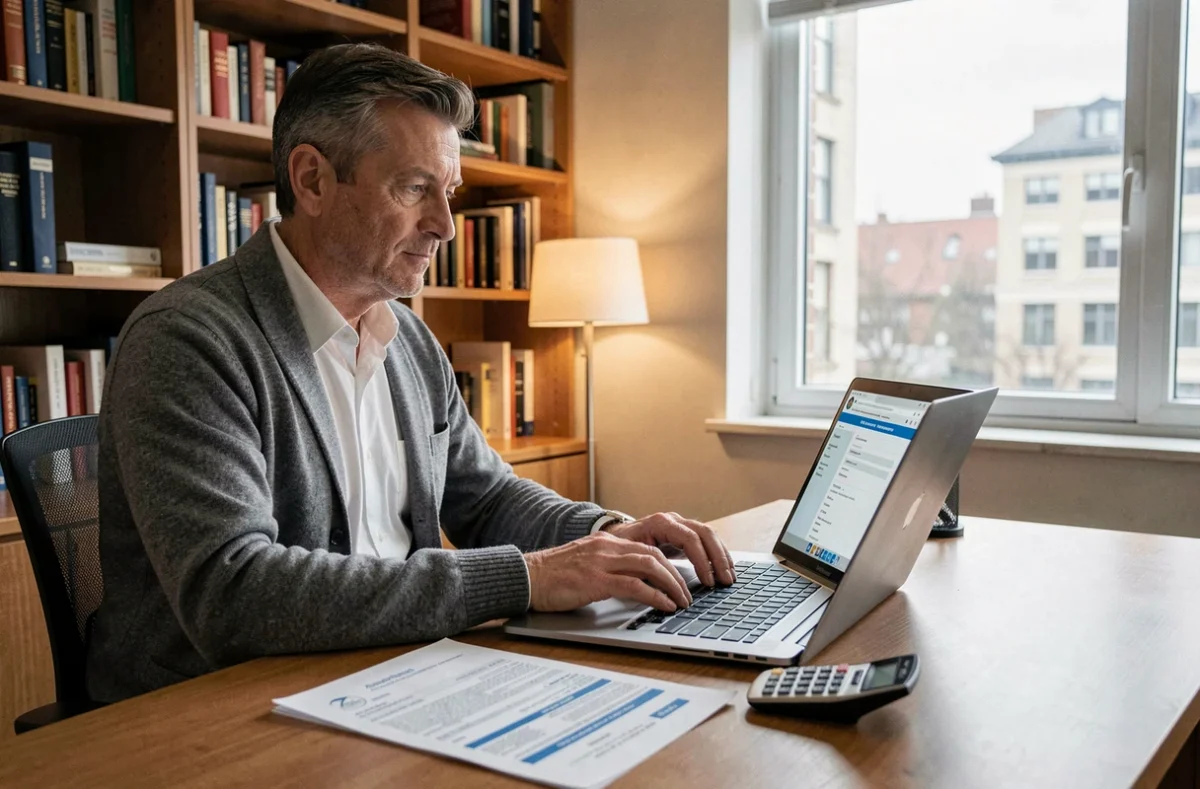 Homme calculant le remboursement de sa mutuelle santé sur ordinateur avec une facture médicale