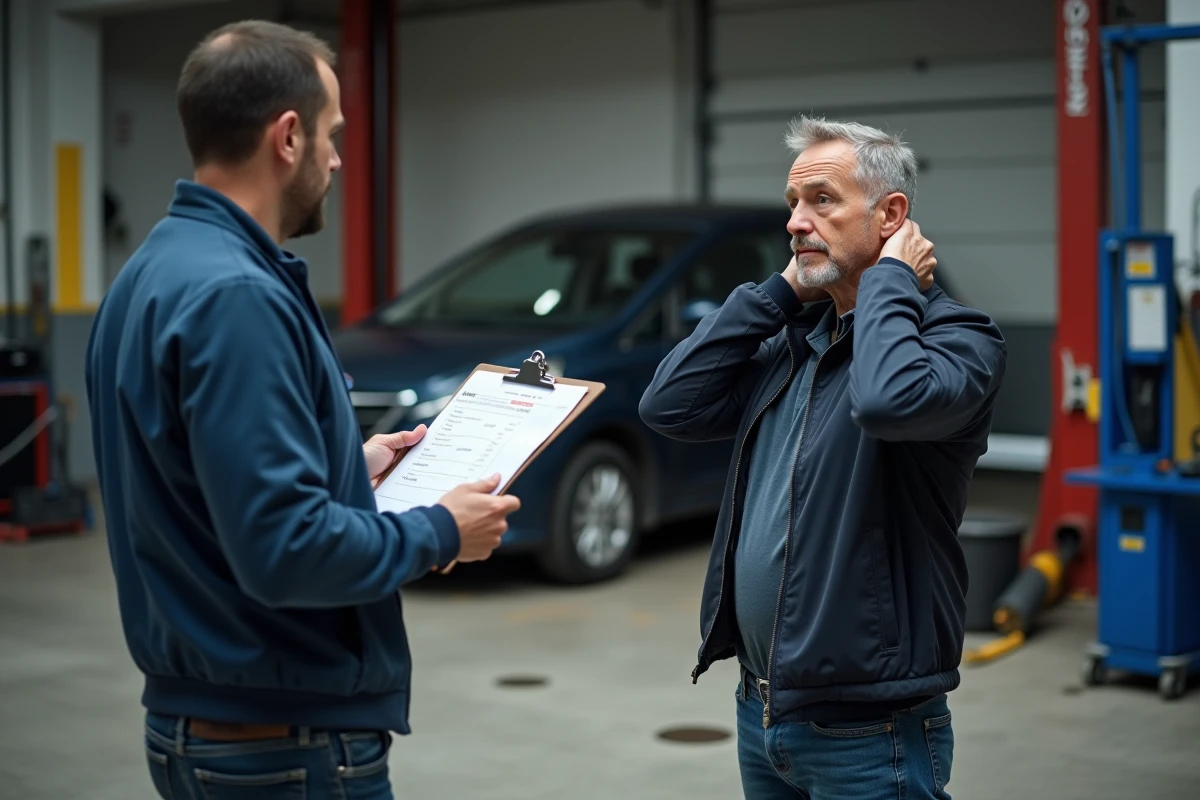 Homme discutant avec un mécanicien d'une réparation automobile imprévue coûteuse, symbolisant le besoin urgent de financement rapide ou de prêt sans refus