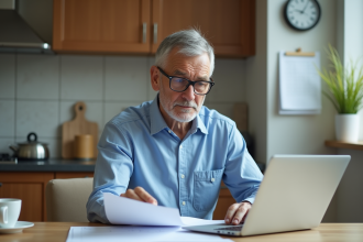Homme français de 61 ans examinant ses papiers de retraite