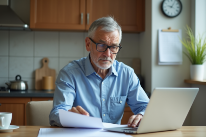 Homme français de 61 ans examinant ses papiers de retraite