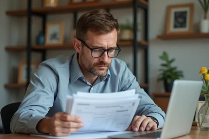 Homme d'âge moyen examine des documents fiscaux à la maison