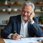 Homme senior en cuisine examinant des documents et graphiques