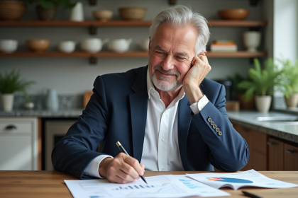 Homme senior en cuisine examinant des documents et graphiques