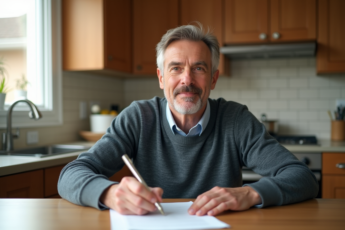 Homme d age signe des documents de pret dans sa cuisine