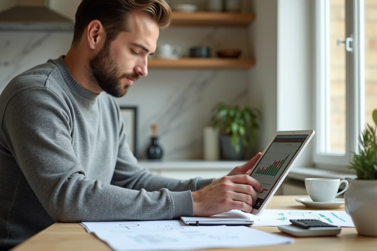 Homme suisse planifiant son budget annuel avec tablette et calculatrice à son domicile moderne