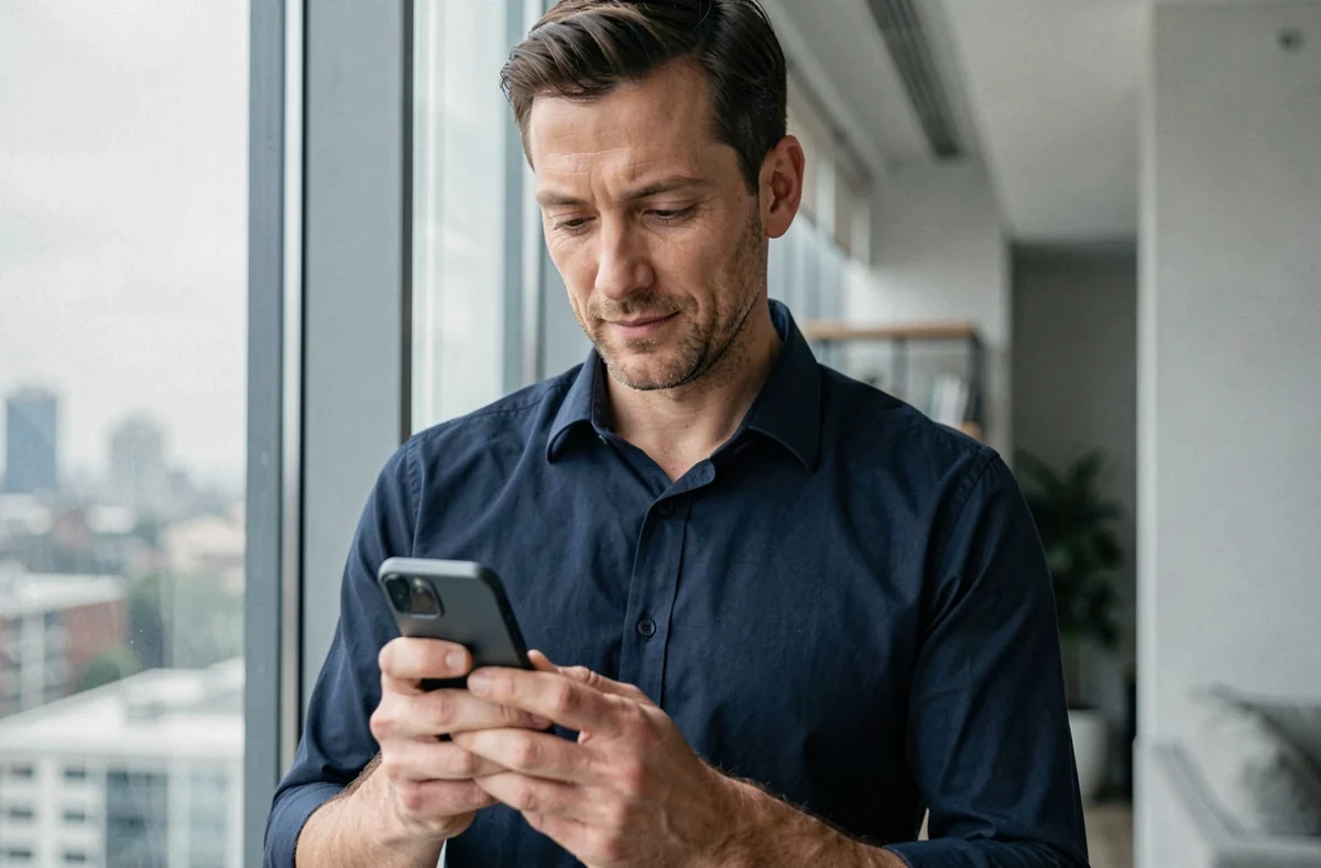 Homme lisant une réponse de Cetelem par mail sur son smartphone dans un appartement moderne