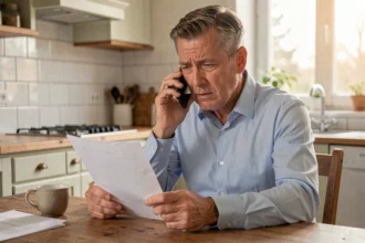 Homme au téléphone consultant un document de crédit Cetelem avant échéance 2026